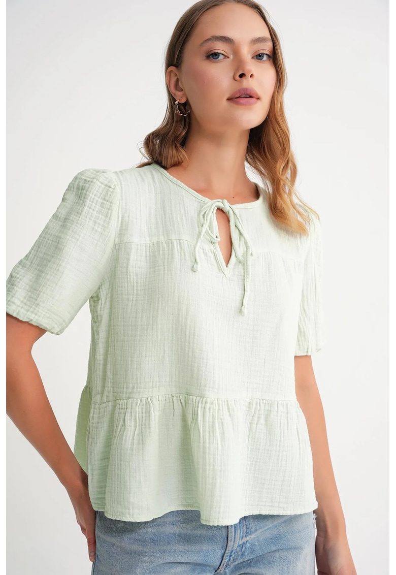 Bluza dama HiCCUP - muselina texturata - decolteu rotund - verde salvie - bumbac