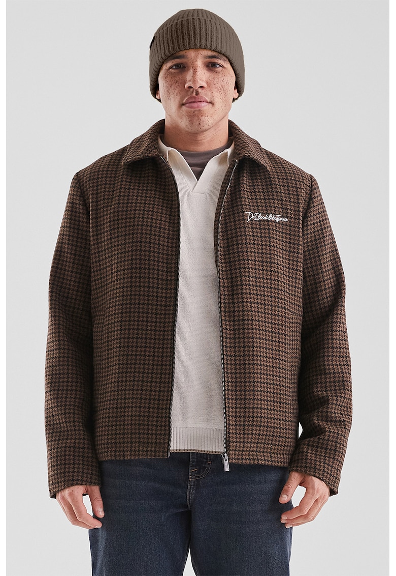 Jacheta din amestec de lana cu fermoar si model houndstooth - Maro