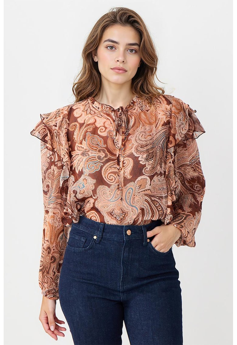 Bluza cu model paisley si volane - Maro deschis