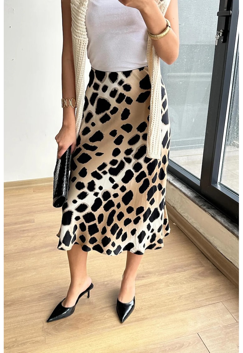Fusta midi HiCCUP - leopard - bej natural - textil
