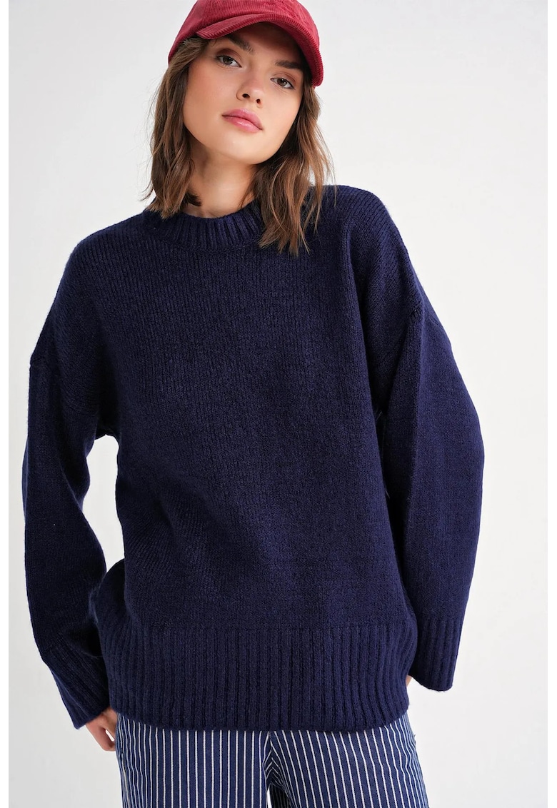 Pulover dama  tricotat oversized - cu guler rotund - textil - Albastru marin -