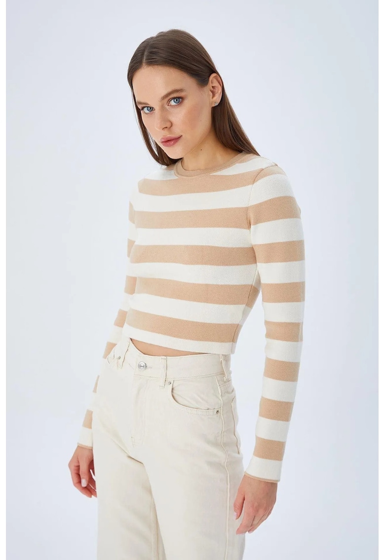 Pulover tricotat HiCCUP - cu nervuri si dungi - bej - tricot -