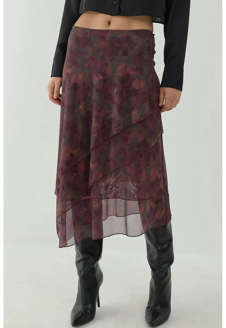 Fusta  Fusta Midi cu Talie Inalta - imprimeu floral - rosu burgundy - textil