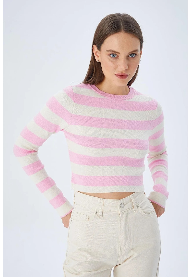 Pulover dama HiCCUP tricotat cu dungi - roz pudrat - material tricot -