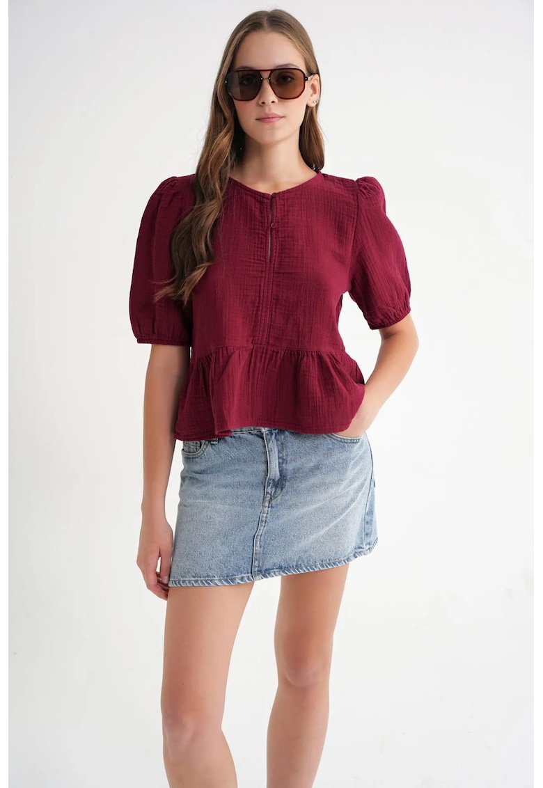 Bluza dama HiCCUP din muselina - burgundy - cu guler rotund si inchidere cu nasturi
