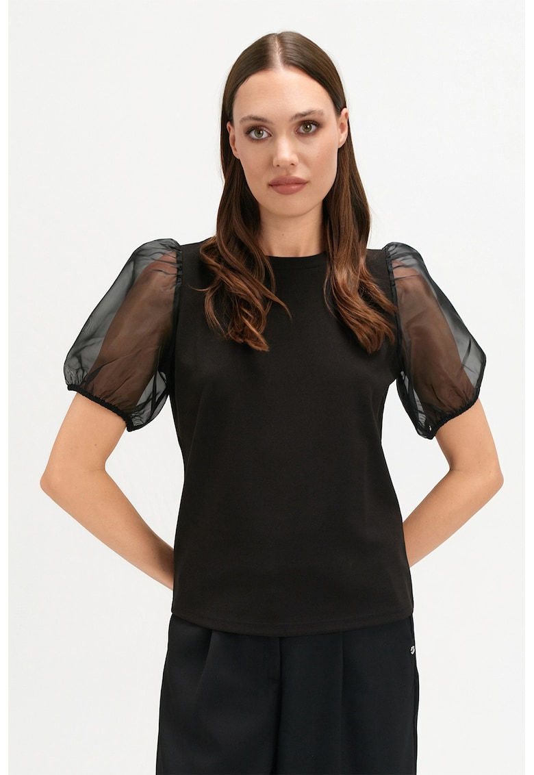 Buza cu maneci semi-transparente bufante - Negru