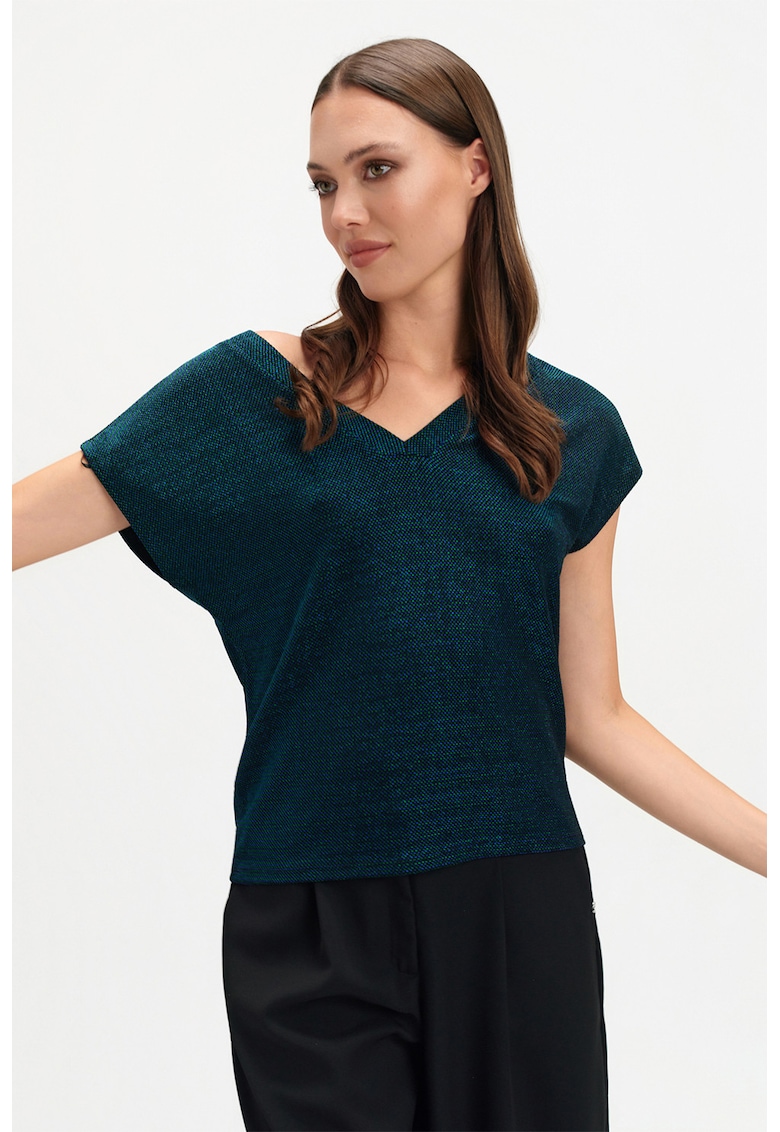 Bluza cu decolteu in V si maneci scurte - Verde padure