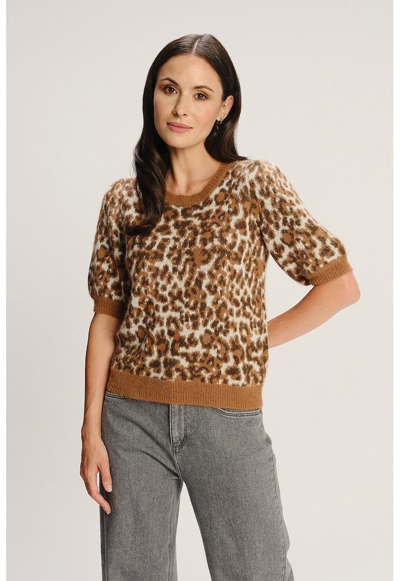 Pulover cu maneci scurte si animal print - Maro/Crem