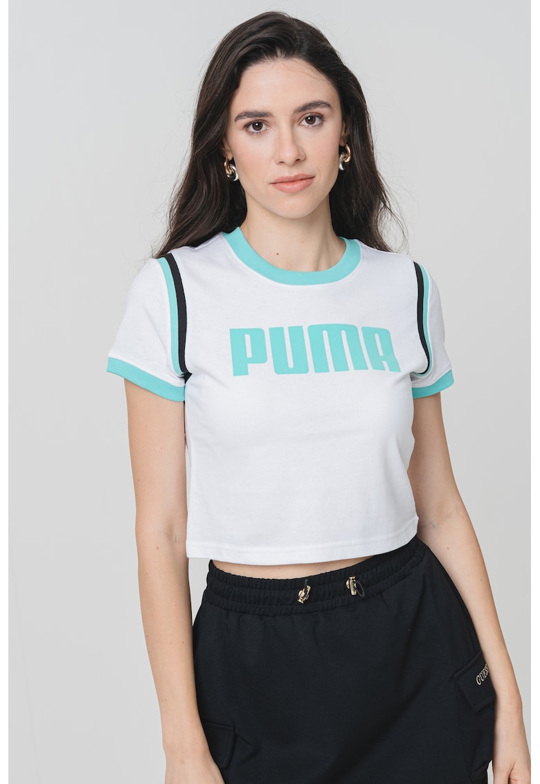 Tricou crop cu imprimeu logo - Alb/Negru/Albastru aquamarin