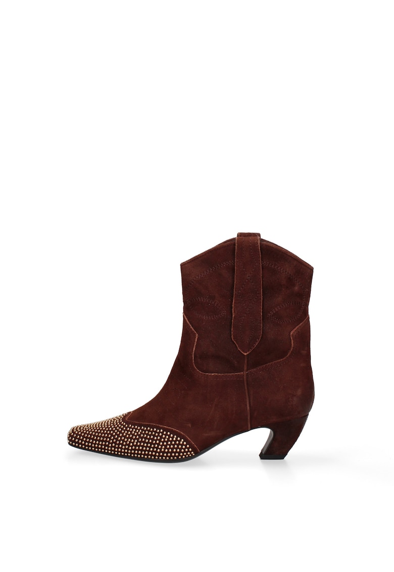 Botine cowboy din piele cu strasuri Riviera Chic - Maro inchis