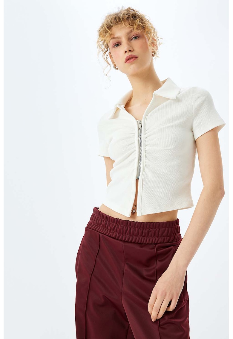 Tricou crop cu fermoar si decolteu in V - Alb murdar