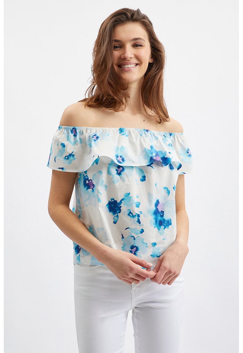 Bluza cu decolteu pe umeri si imprimeu floral - Alb/Albastru