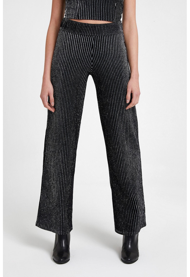 Pantaloni relaxed fit cu model in dungi si talie inalta - Negru/Argintiu