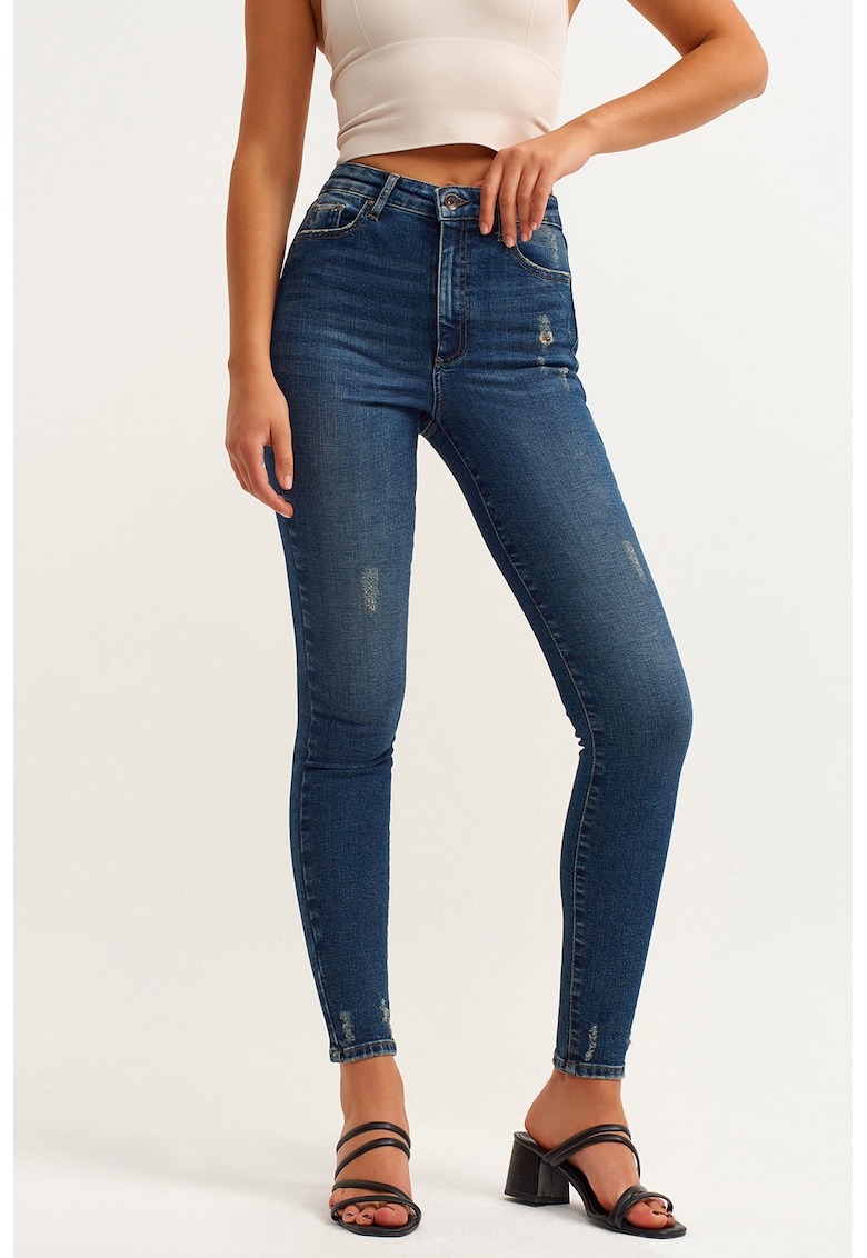 Blugi crop skinny cu talie inalta - Albastru melange