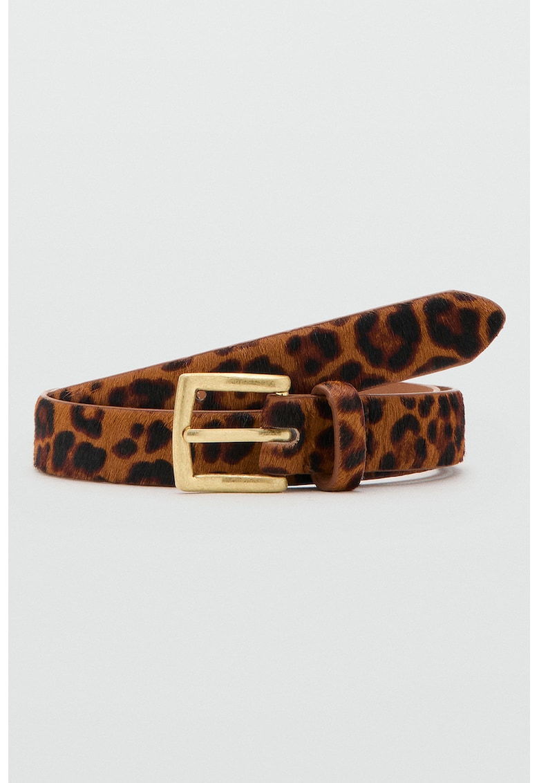 Curea de piele cu par scurt si animal print - Negru/Maro scortisoara