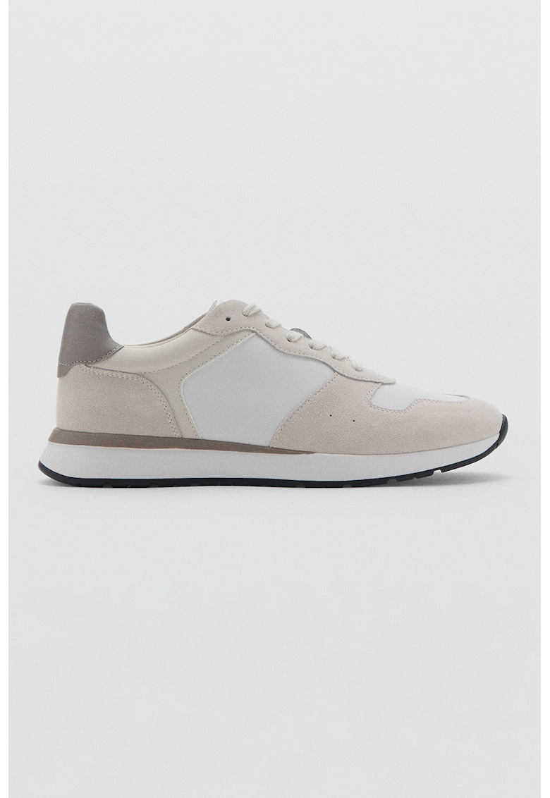 Pantofi sport low-cut cu insertii din piele intoarsa - Alb/Maro taupe deschis/Bej deschis