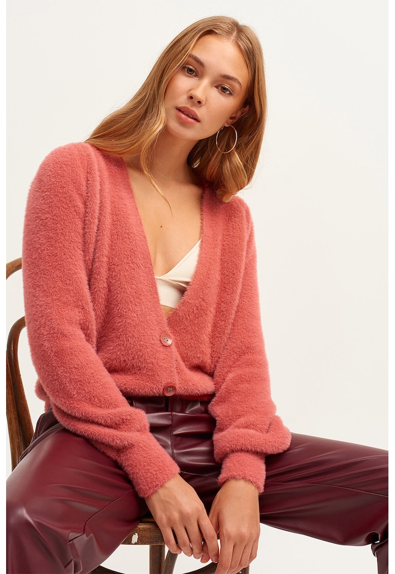 Cardigan cu decolteu in V si aspect pufos - Roz somon