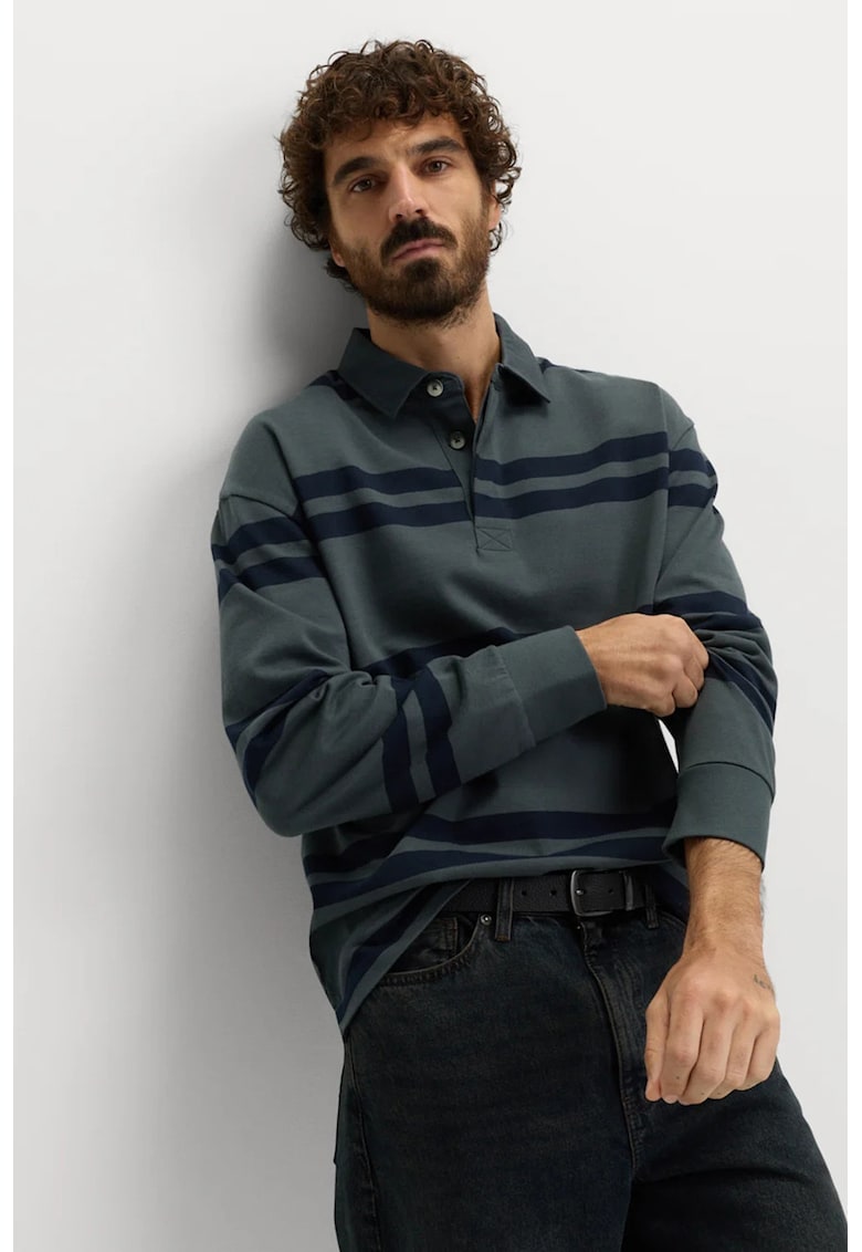 Bluza polo de bumbac cu dungi - Bleumarin/Verde sparanghel