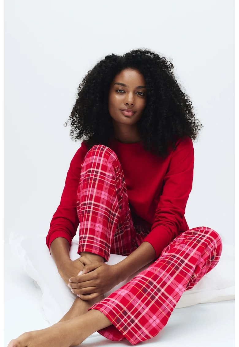 Pijama din bumbac cu imprimeu - Rosu/Roz