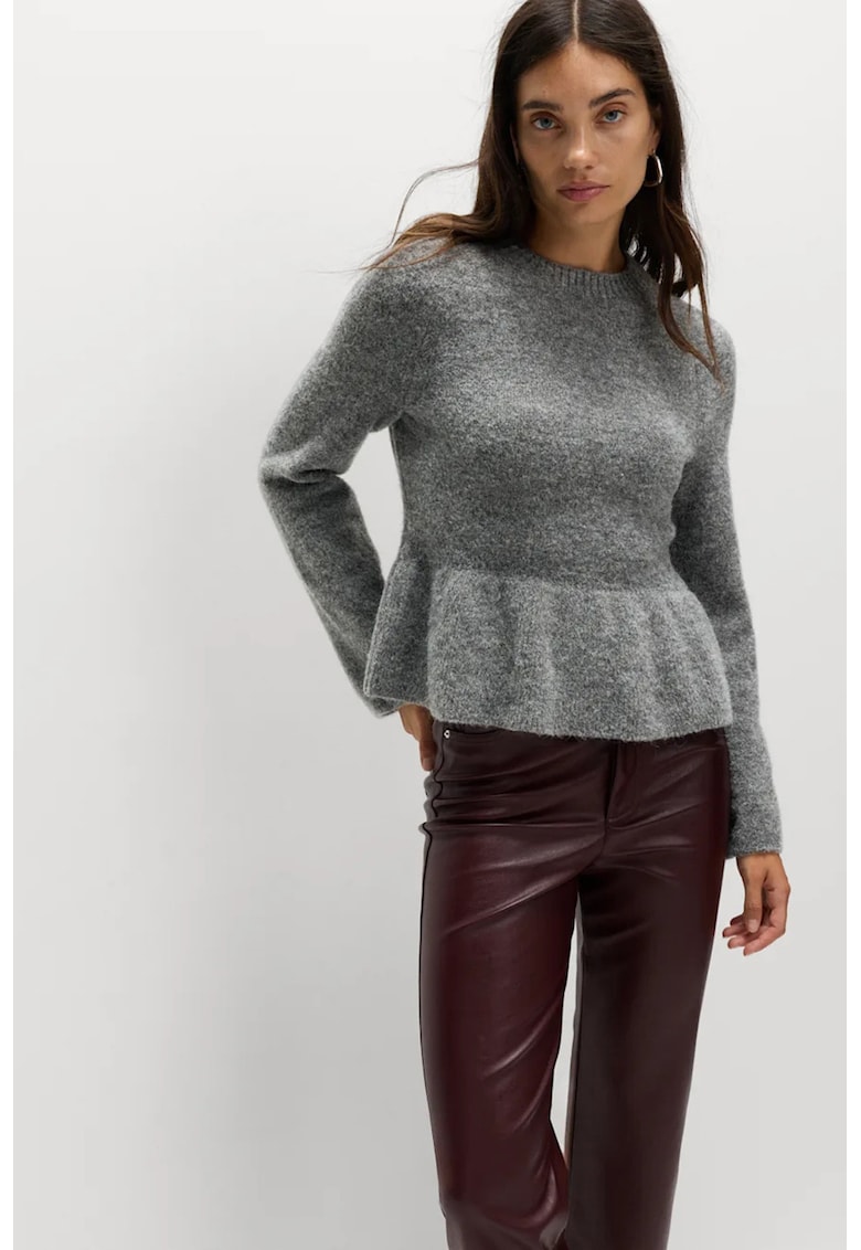 Pulover slim fit cu peplum - Gri melange