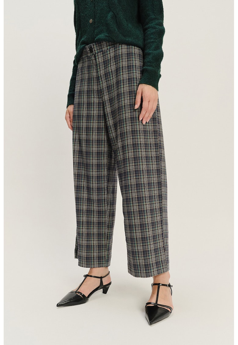 Pantaloni din amestec de modal cu croiala ampla si model in carouri - Verde pal/Albastru indigo/Alb murdar