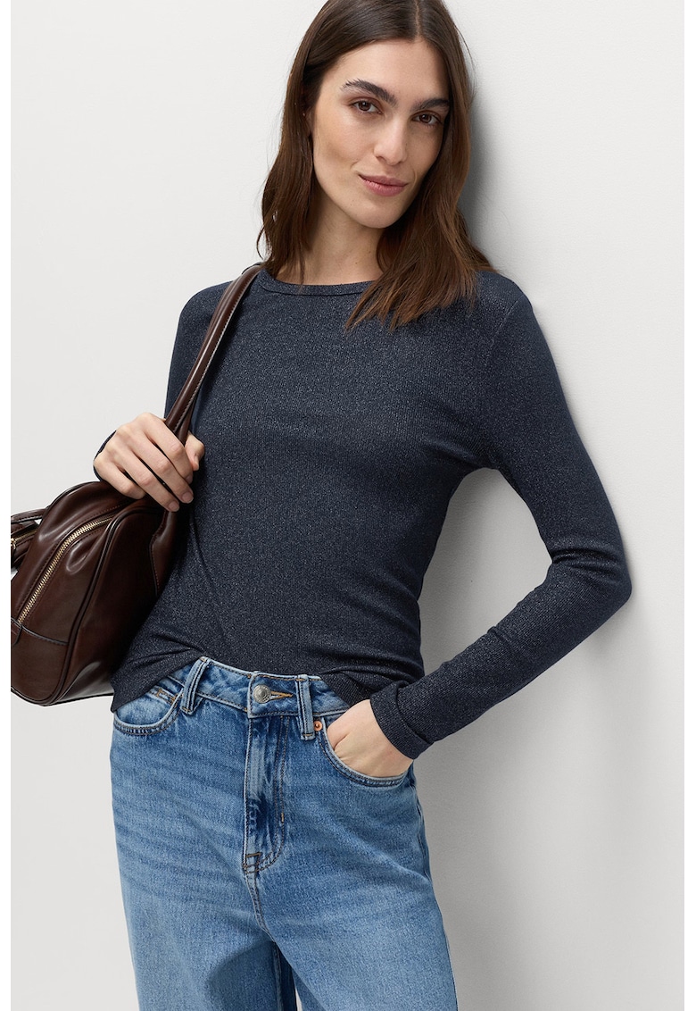 Bluza cu decolteu la baza gatului si aspect stralucitor - Bleumarin