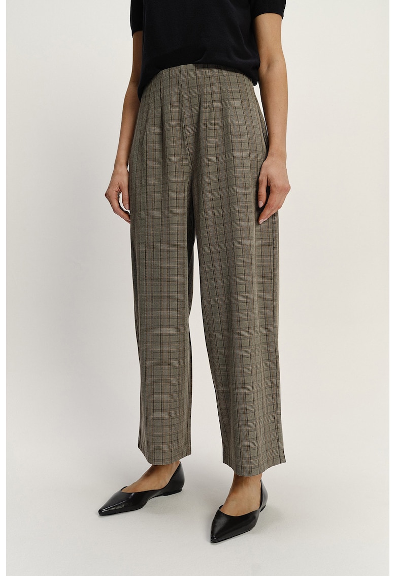 Pantaloni in carouri cu croiala ampla - din amestec de modal - Maro taupe