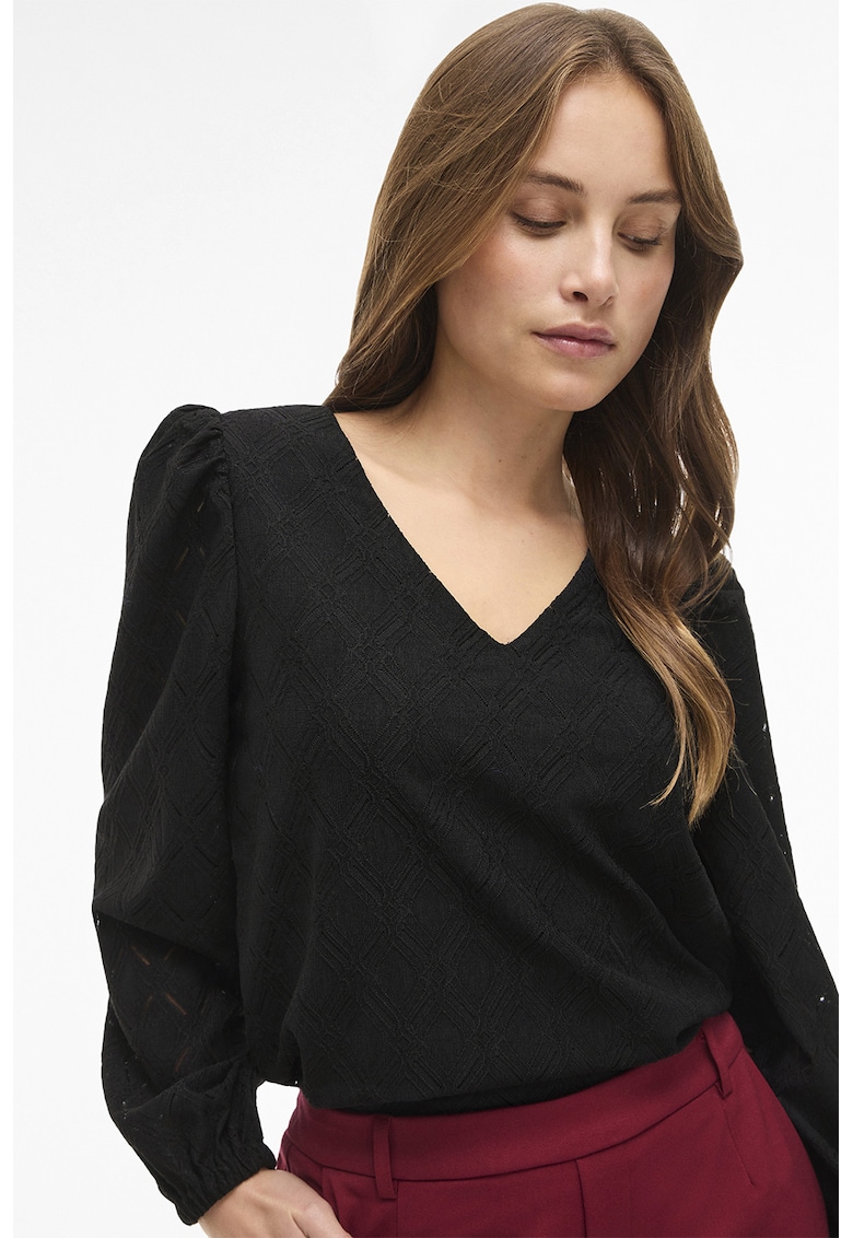 Bluza cu decolteu in V si maneci bufante - Negru