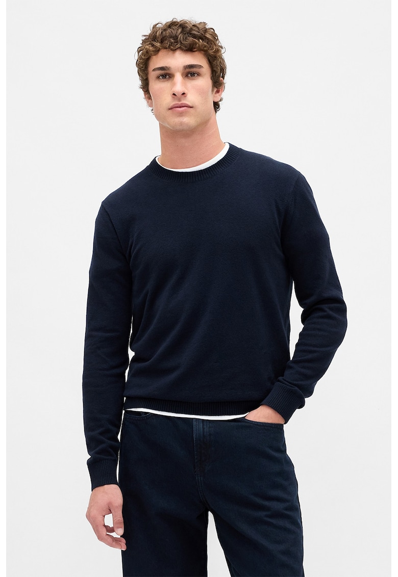Pulover slim fit cu decolteu la baza gatului CashSoft - Albastru ultramarin