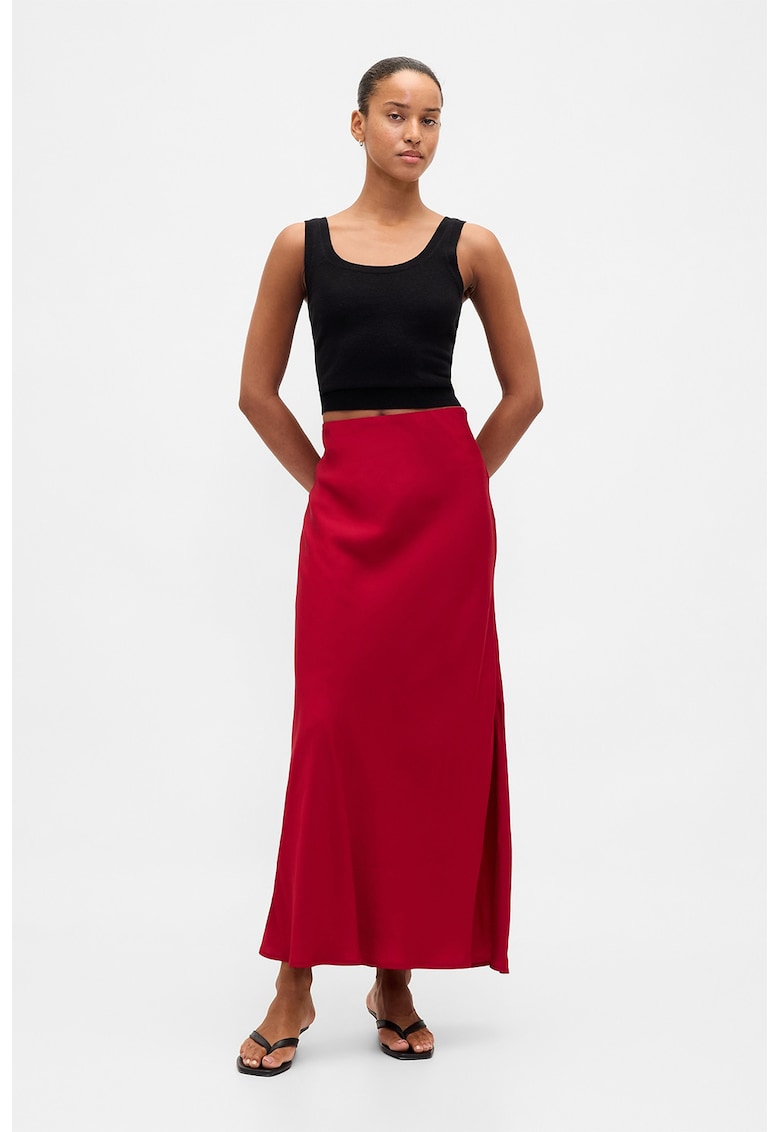 Fusta maxi satinata cu slit lateral - Rosu