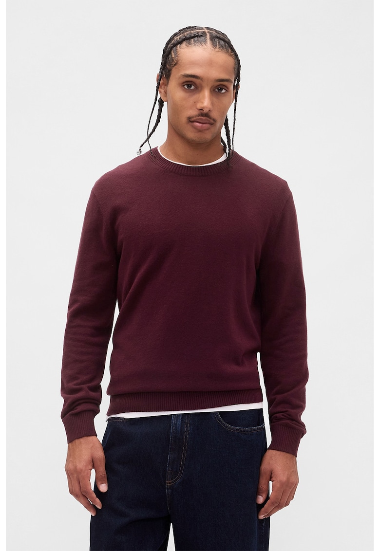 Pulover slim fit cu decolteu la baza gatului CashSoft - Visiniu
