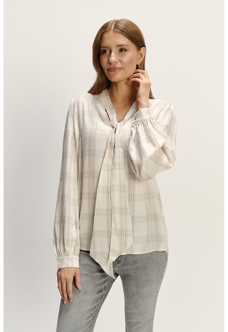 Bluza in carouri cu guler cu funda - Bej deschis