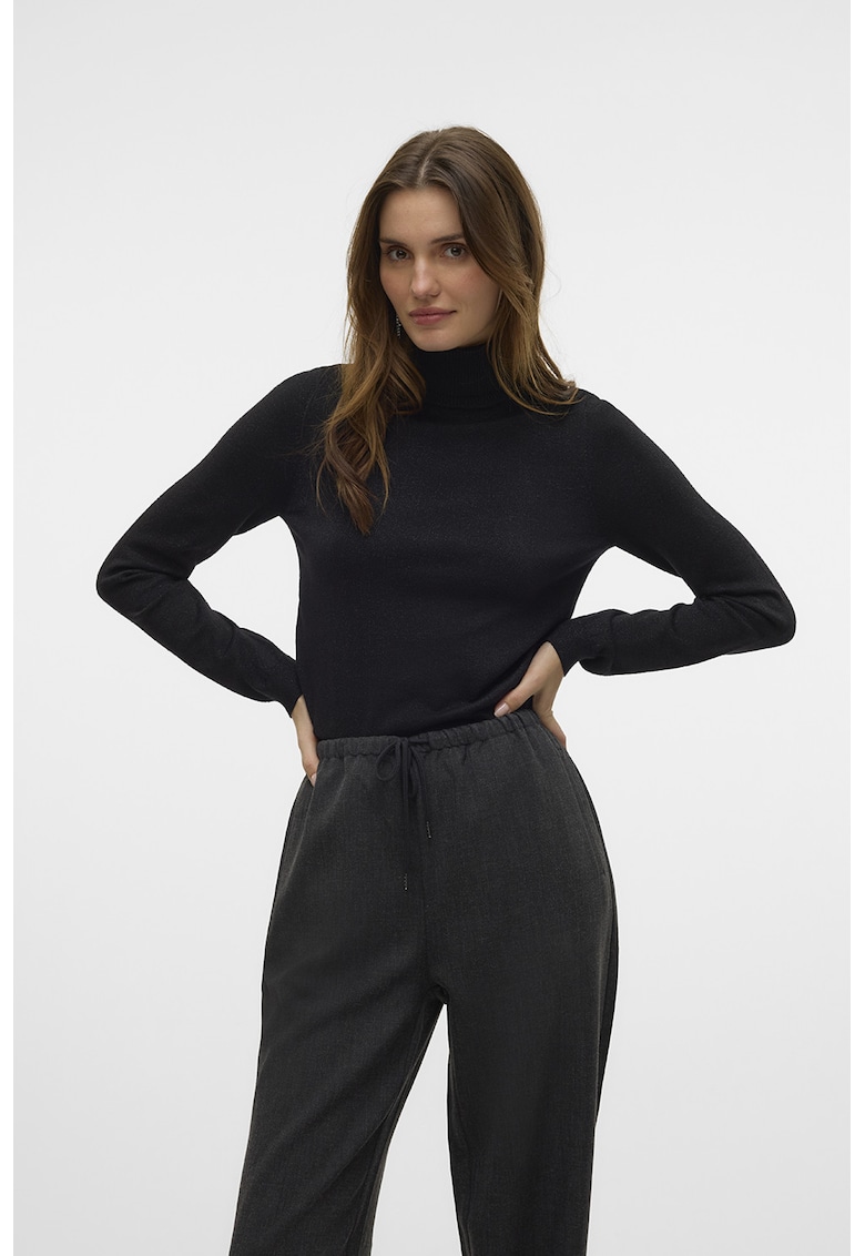 Pulover cu insertii din lurex si guler inalt - Negru