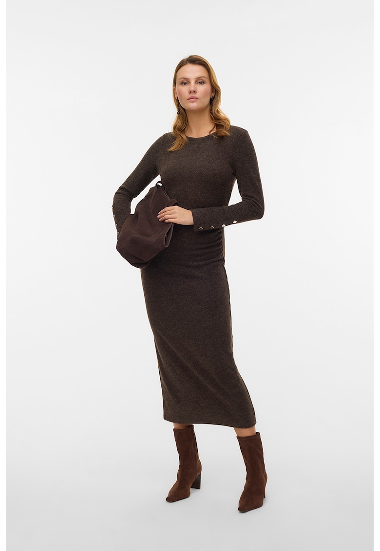 Rochie midi din tricot cu fronseu lateral - Maro inchis