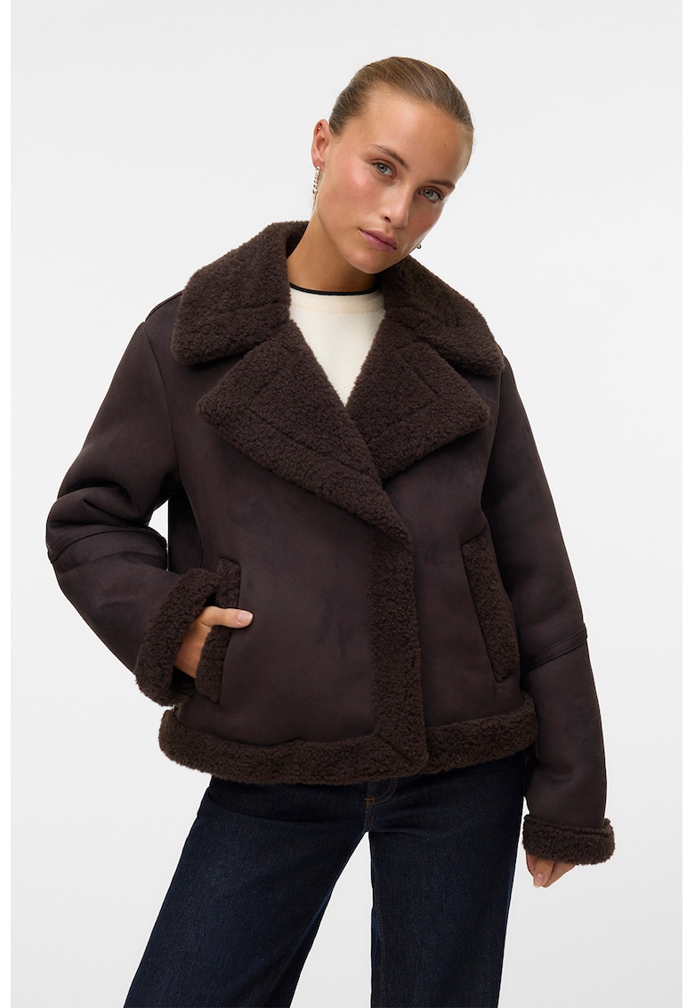 Geaca scurta cu blana shearling sintetica - Maro inchis