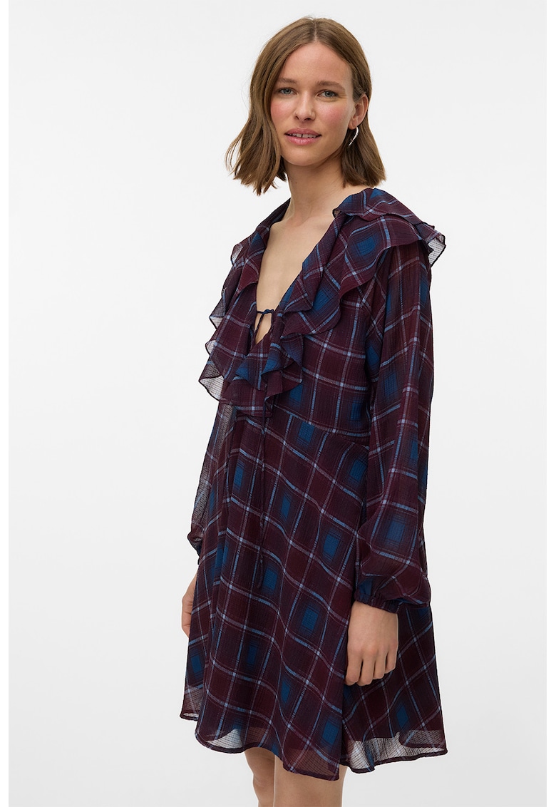 Rochie cu decolteu in V si model in carouri - Albastru inchis/Violet tyrian