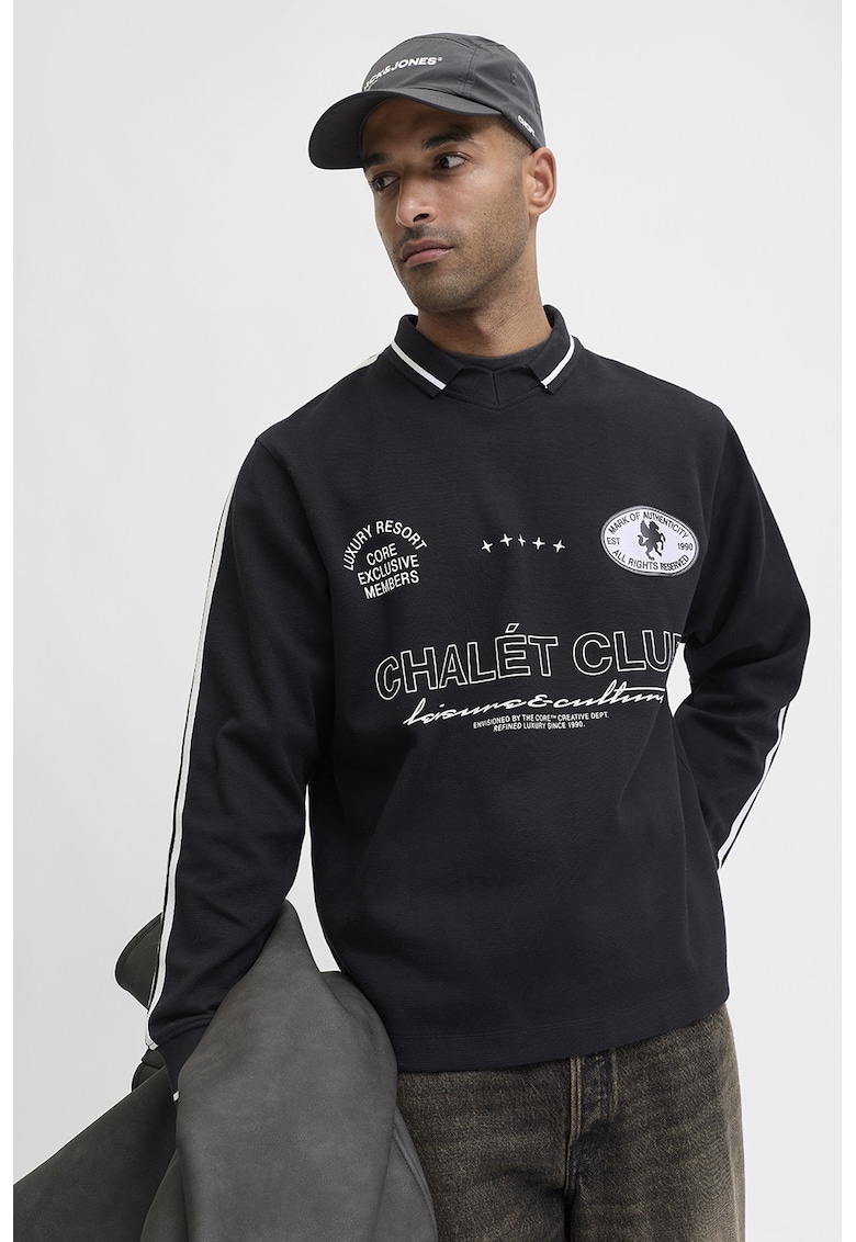 Bluza de trening polo din amestec de bumbac cu imprimeu text - Negru