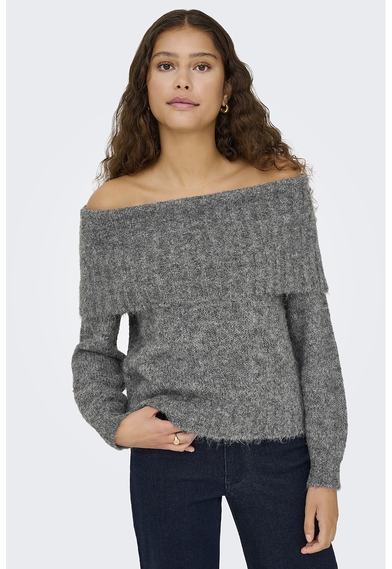 Pulover din amestec de lana cu decolteu pe umeri - Gri inchis melange