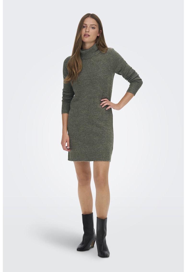 Rochie-pulover tricotata fin cu guler inalt - Verde melange