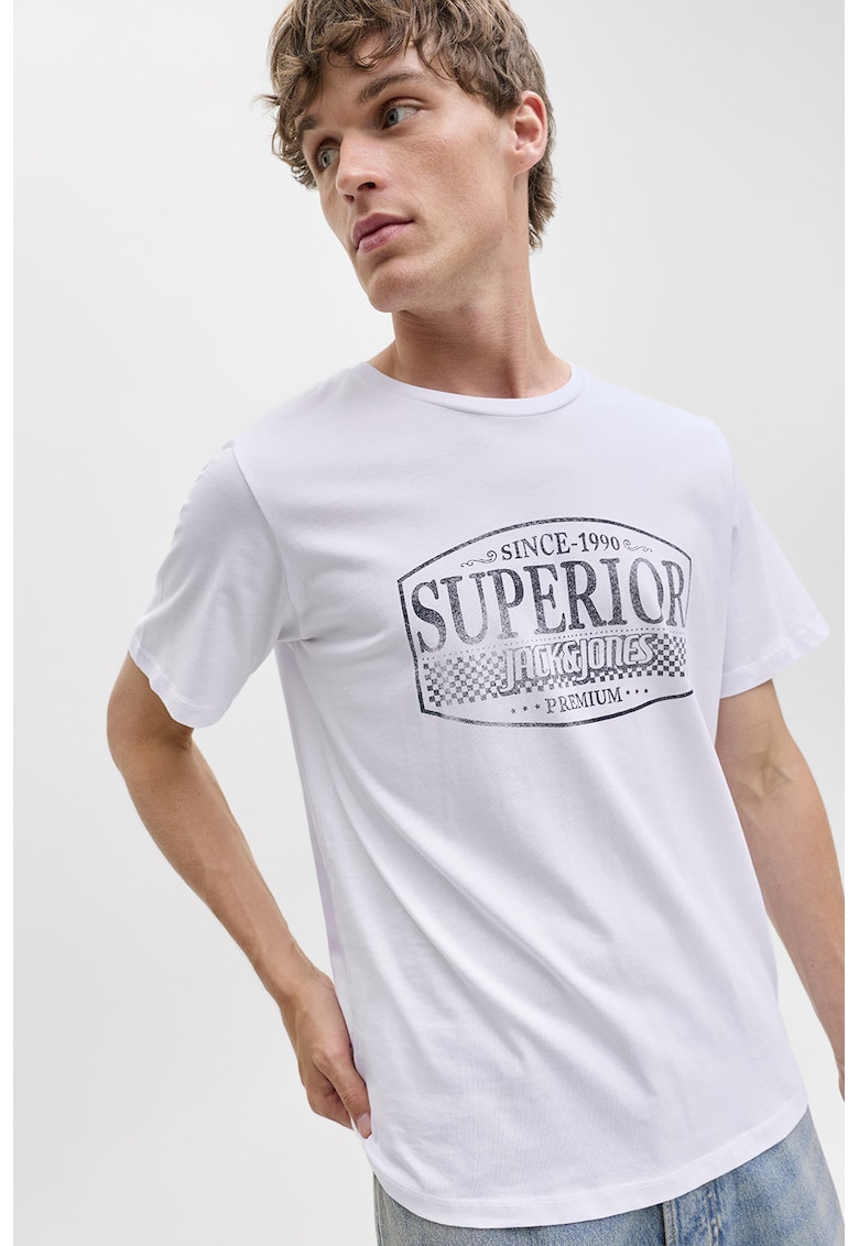 Tricou de bumbac cu imprimeu si decolteu la baza gatului - Alb