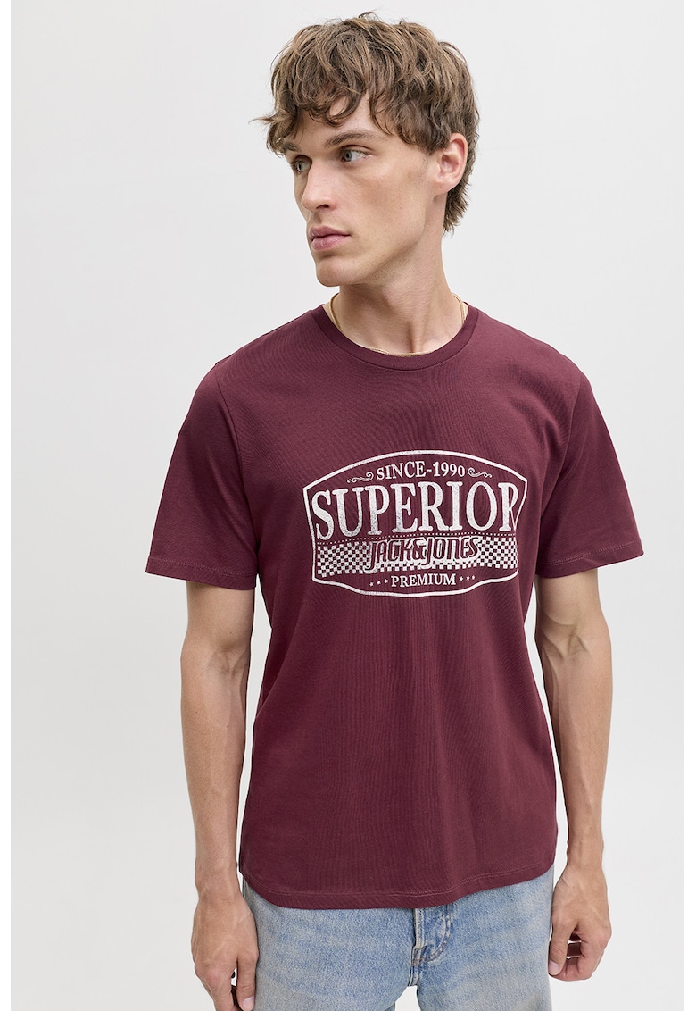 Tricou de bumbac cu imprimeu si decolteu la baza gatului - Visiniu