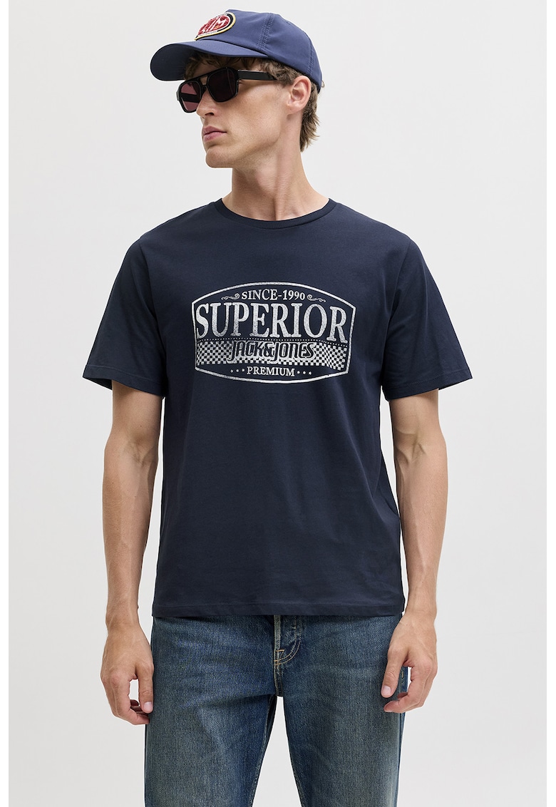 Tricou de bumbac cu imprimeu si decolteu la baza gatului - Bleumarin