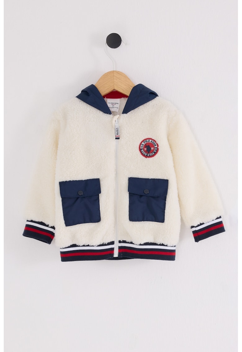 Geaca din material teddy cu buzunare cu clapa - Rosu/Albastru inchis/Bej deschis