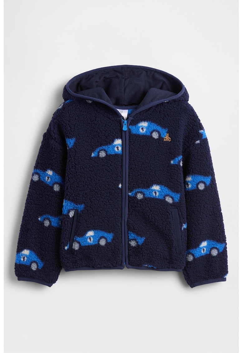 Hanorac din material teddy cu fermoar si model cu masini - Alb/Albastru royal/Bleumarin