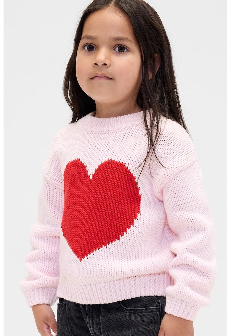 Pulover din bumbac cu model si maneci cazute - Rosu/Roz pastel