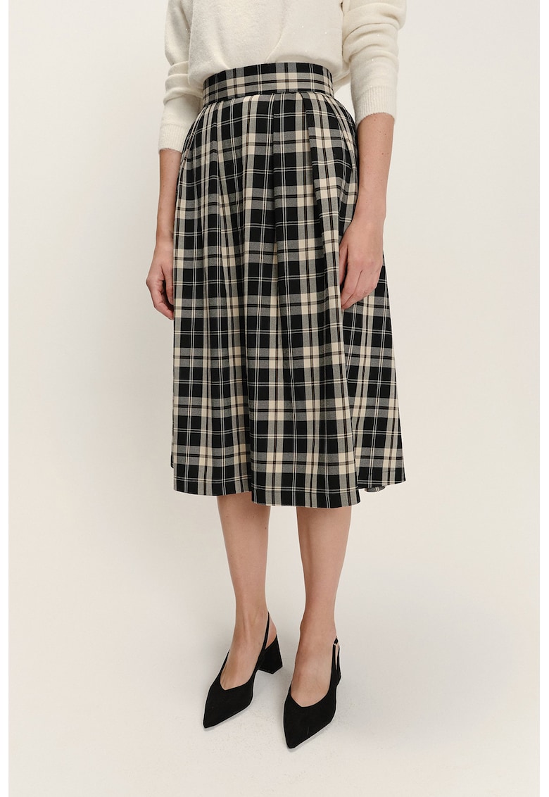 Fusta midi in carouri - Negru/Bej deschis