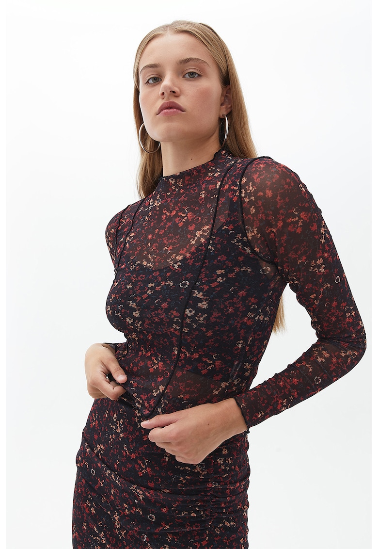 Bluza crop cu model geometric - Negru stins/Rosu stins