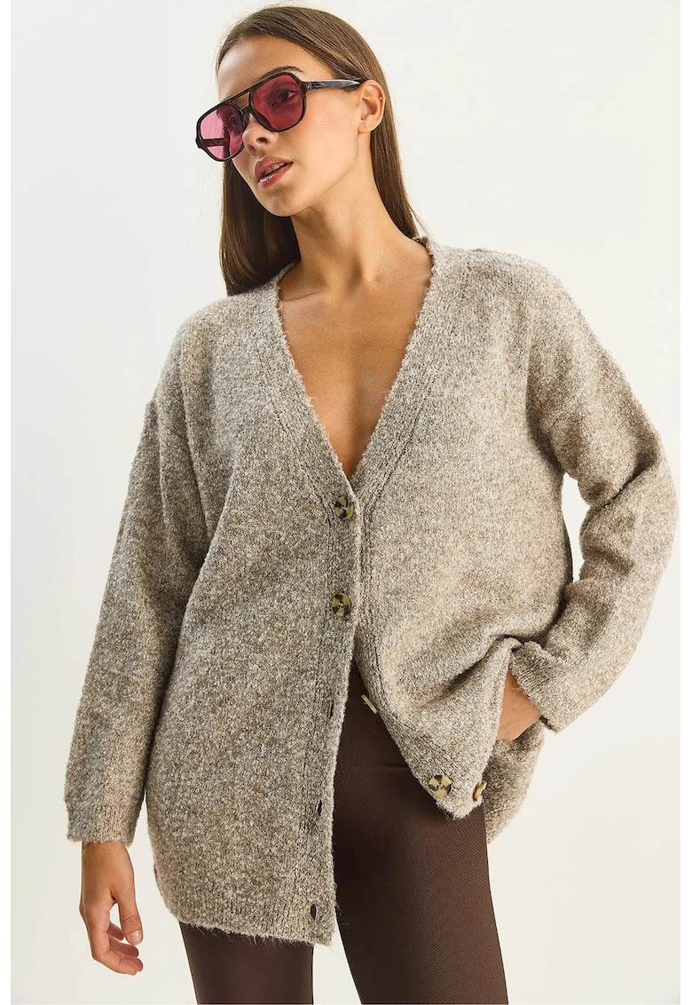 Cardigan texturat -  decolteu in V - nasturi - bej natural - tricot -