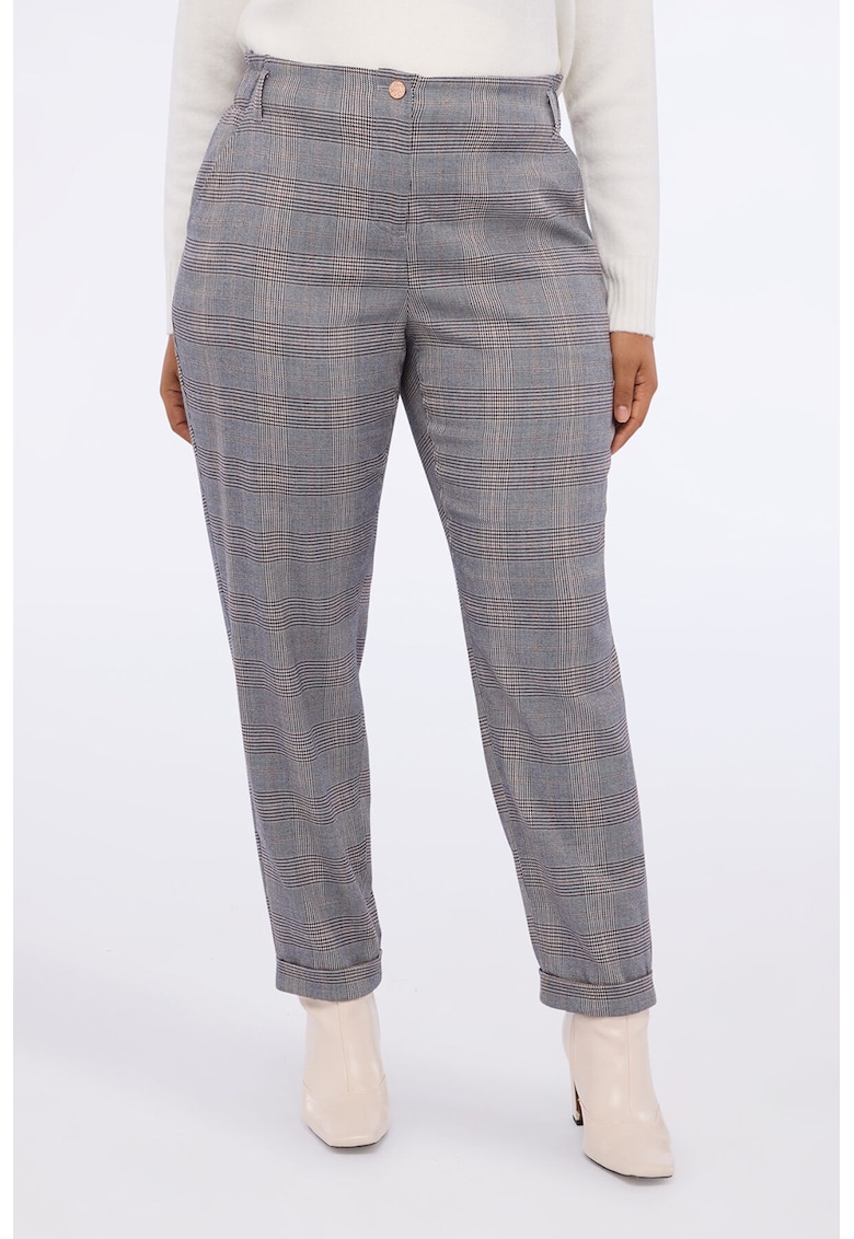Pantaloni conici cu model in carouri - Gri deschis