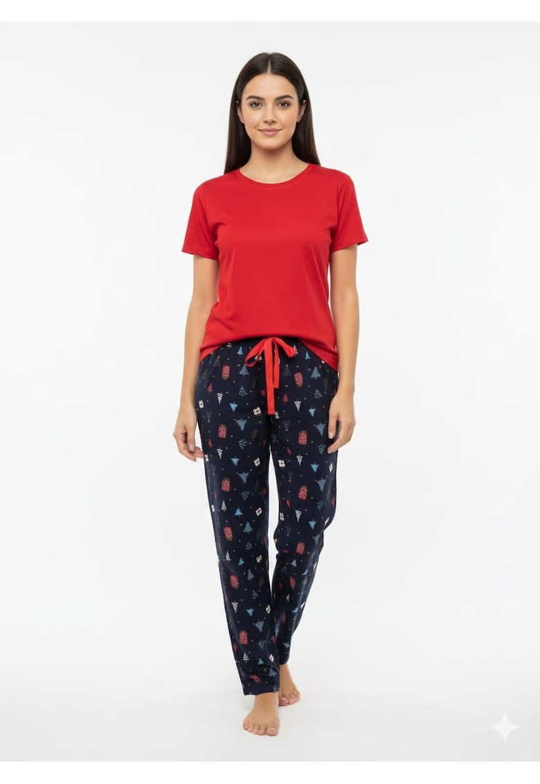 Pantaloni pentru dame - cu imprimeu de Craciun - din bumbac